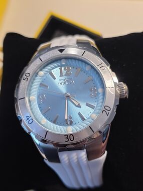 44. Invicta Women's Light Blue Dial Silver-Tone Watch with White Strap